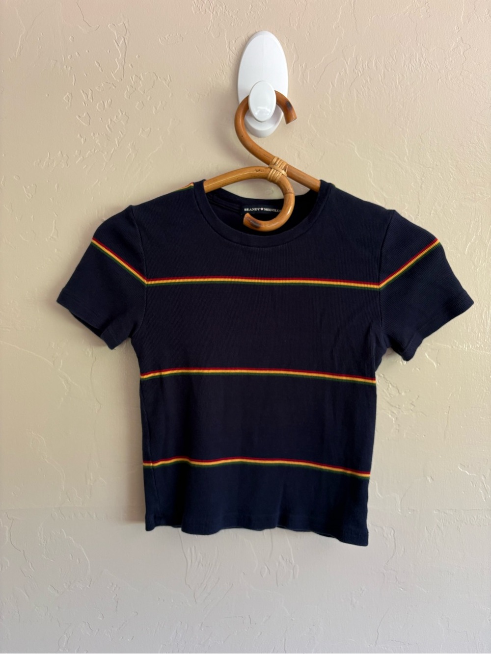 Brandy Melville 100% Cotton Made In Italy Ribbed Short Sleeve Striped Navy Shirt